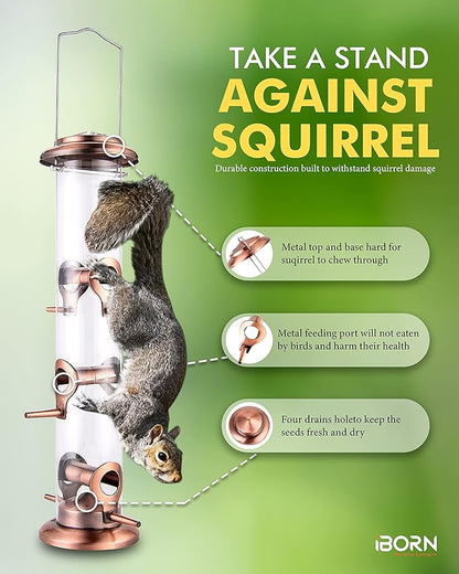 iBorn Metal Bird Feeders Brushed Copper Wild Bird Feeder for Outdoors Hanging All Metal Brushed Copper Finishing 15 Inch 6 Port,Pack of 2