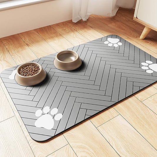 Pet Feeding Mat-Absorbent Pet Placemat for Food and Water Bowl, with Waterproof Rubber Backing, Quick Dry Water Dispenser Mat for Dog and Cat (20"x12", Striped Light Gray)