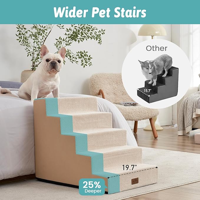 Dog Stairs for Small Dogs, 5 Tier Wider Pet Stairs for High Beds, 23.6" H Non-Slip Dog Steps for Old Cats, Puppies, Small Medium Dogs, 19.7x29.5x23.6 inch, Beige