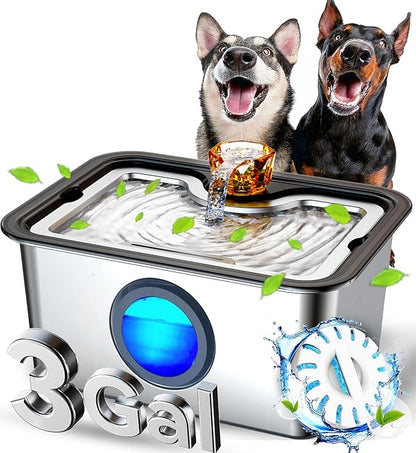 3Gal Dog Water Fountain SS304,Large Ultra-Purification Cat Drinking Dispenser with Visual Window,Widely Drinking Area,Deep Purification Filter,Triple Waterfall Structures,Low Water Indicator