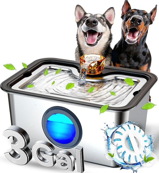 3Gal Dog Water Fountain SS304,Large Ultra-Purification Cat Drinking Dispenser with Visual Window,Widely Drinking Area,Deep Purification Filter,Triple Waterfall Structures,Low Water Indicator