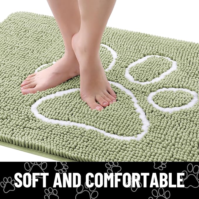 Smiry Dog Door Mat for Muddy Paws, Absorbent Dirt Trapper Non Slip Quick Dry Washable Chenille Mat for Mud Dogs, Entry Rug for Indoor and Outdoor (47x32 Inches, Sage Green and White)