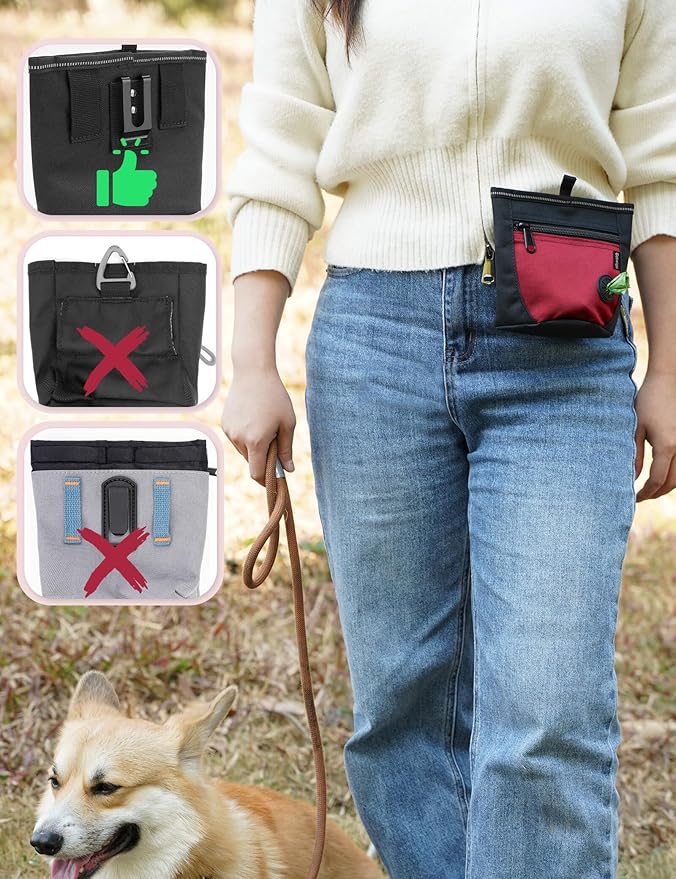Gobeigo Dog Treat Pouch and Training Clicker, Upgrade Two Magnetic Closure to Prevent Spills, 2 Cup Treat Bag with Poop Bag Dispenser, Metal Clip Waist Belt Fanny Pack for Pet Walk (Black/Red)