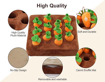 Interactive Dog Toys，Squeak Carrot Snuffle Mat for Dogs Plush Puzzle Toys 2 in 1 Non-Slip Nosework Feed Games for Pet Stress Relief with 12 Carrots…
