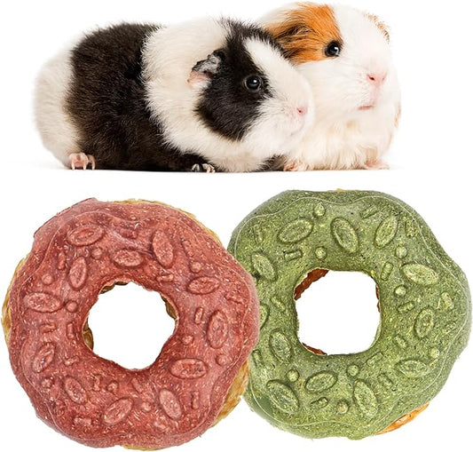 TEEWY Donut Guinea Pig Toys, Natural Vegetables, Fruits and Timothy, Hamster Chew Toys for Teeth, Gerbil Toys, Small Animal Chew Toys for Guinea Pig, Hamster, Chinchilla and Rat, 2PCS