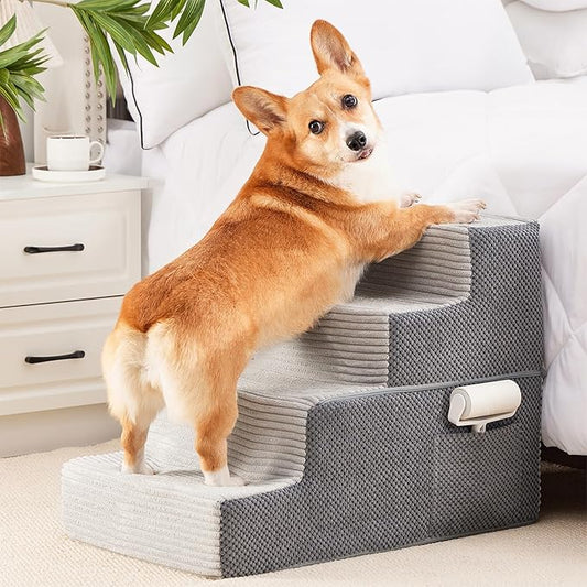 HYLEORY Dog Stairs for Bed 18''H, 4-Step Pet Stairs for Small Dogs & Cats, Sturdy Pet Steps with Non-Slip Bottom, Functional Portable Dog Ramp for Couch/Chair/Sofa/Car, Storage Pocket, Light Grey