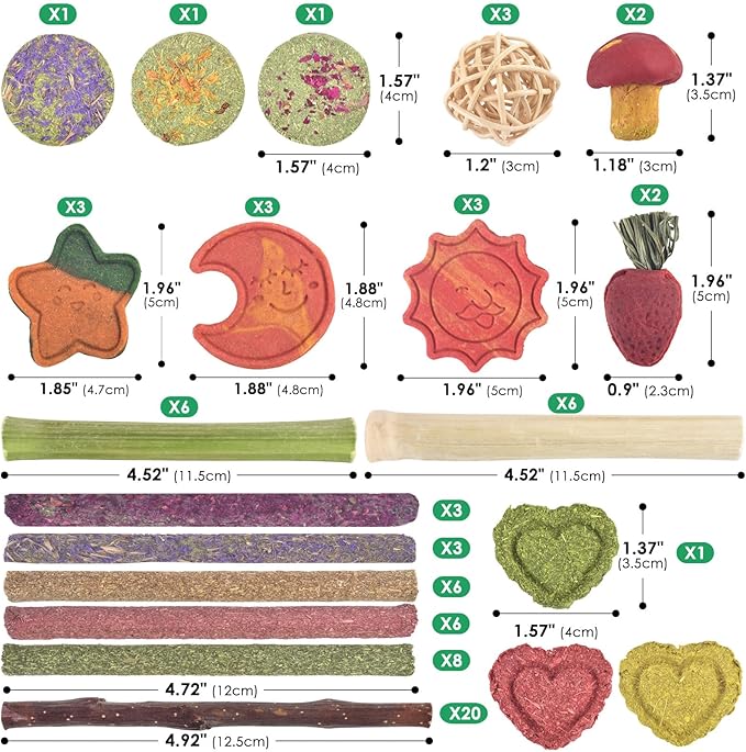 ERKOON 80PCS Bunny Chew Toys for Rabbits Teeth, Natural Rabbit Toys Apple Wood Sticks, Carrot, Timothy Grass Treats for Small Pets, Hamster, Chinchilla, Guinea Pig Dental Care and Treat Teething Toys