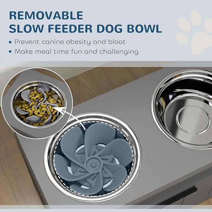 PawHut Elevated Dog Bowls, Raised Dogs Bowl Stand with 2 Stainless Steel Bowls, Storage Drawer and Slow Feeder Mat, Dog Feeding Station for Large and Extra Large Dogs, Gray