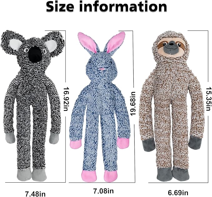 3pack No Stuffing Dog Toys for Large Dogs, Plush Teething Toys to Keep Them Busy, Squeaky Crinkle Interactive Toys, Cute Funny Dogs Animals Gifts for Small Medium Large Breed (Rabbit Koala Shuse)