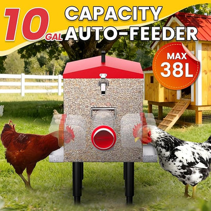 Cybrasc 10-Gal 55LB Metal Chicken Feeder with Window, Dual No-Waste & Rat-Proof Design, Automatic Large Chicken Feeder for Outdoor Coops, Rust-Proof Alloy Steel Poultry Feeder with Adjustable Legs