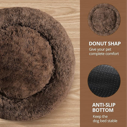 JOLLYVOGUE Small Dog & Cat Beds for Indoor Cats, Donut Cuddler Warming Soft Dog Beds with Anti-Slip Bottom, Round Calming Fluffy Plush Faux Fur Cushion Bed for Large Dogs (36", Coffee)