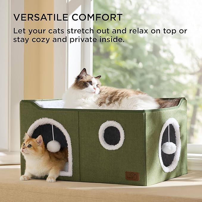 Bedsure Large Cat Beds for Indoor Cats - Extra Wide Cat Cube House for Small Pet with Fluffy Ball Hanging and Scratch Pad, Foldable Pet Cave Hideaway for Multiple Cats, 23.6x16.9x13 inches