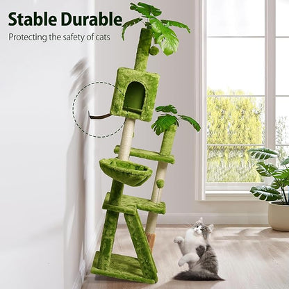 65in Tall Cat Tree with Leaves for Indoor Cats, Green Cat Tower with Scratching Post,Hanging Hammock,Cozy Perch,Swing Ball,Self Groomer and Cat Ladder,Cat Tree Tower