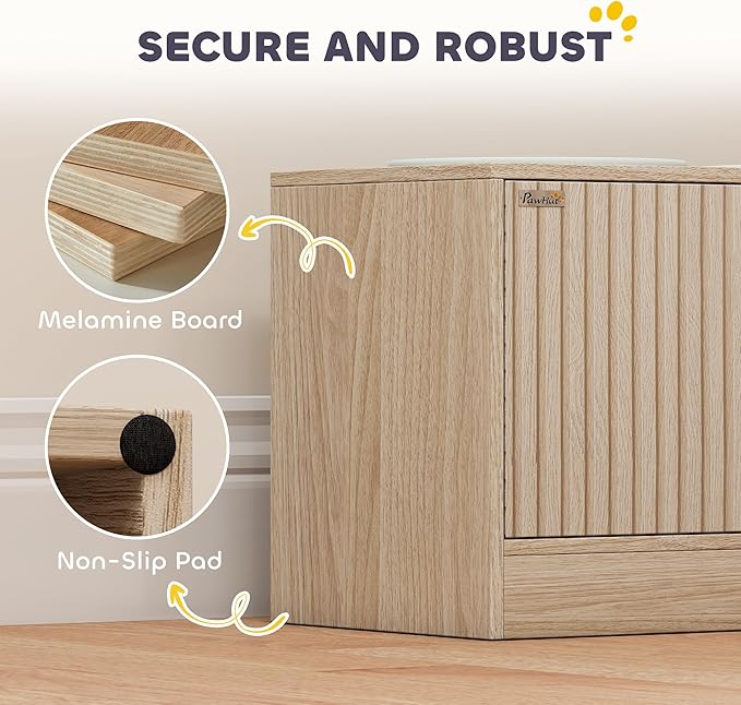 PawHut Elevated Dog Bowls with Storage Cabinet, Raised Dog Bowl Stand, Pet Feeding Station with Slow Feeder & Non-Slip, for Large Pets, Oak