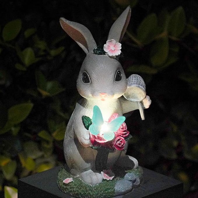 NYUWOAURC Garden Statues Rabbit with Solar Light,Bunny Outdoor Garden Decor Ornaments for Patio Yard Art,Birthday Easter House Warming Garden Gift for Women Mom,Resin Animal Figurine with Wider Base