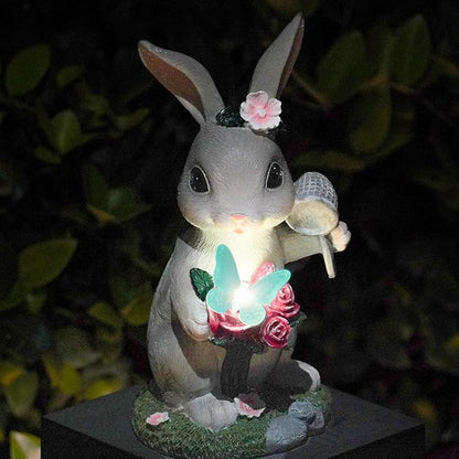 NYUWOAURC Garden Statues Rabbit with Solar Light,Bunny Outdoor Garden Decor Ornaments for Patio Yard Art,Birthday Easter House Warming Garden Gift for Women Mom,Resin Animal Figurine with Wider Base
