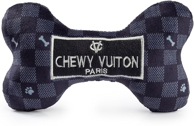 Haute Diggity Dog Black Checker Chewy Vuiton Bone, Plush Designer Dog Toys with Interactive Squeaker, Stimulating Pet Enrichment, Machine-Washable & Safe Materials for All Breeds, Size Large