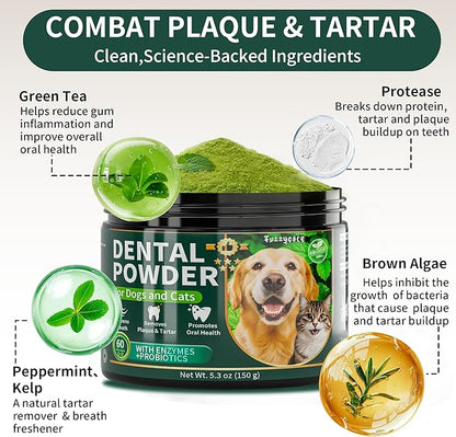Dog Dental Powder, Dog Teeth Cleaning Powder with Natural Herbal Blend, Plaque Off Pet Tooth Cleaning lab co, Targets Tartar & Reduces Plaque & Bad Breath for Dogs & Cats, Mint -150Grams