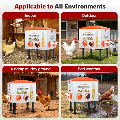 GADFISH 55LBS Large Capacity Automatic Chicken Feeder - Upgraded Window Design Allows Viewing of Feed Conditions, 8 Feeding Ports, Anti-Waste Design, Height-Adjustable Legs & Secure