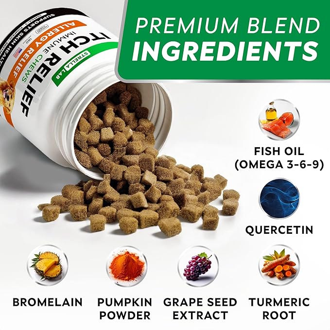 StrellaLab Dog Allergy Relief & Anti Itch Support Chews w/Omega 3, Pumpkin, Enzymes & Turmeric: Real Ingredients, Real Taste! Skin & Coat Immune Supplement w/Fish Oil - Made in USA - 180Ct - Chicken