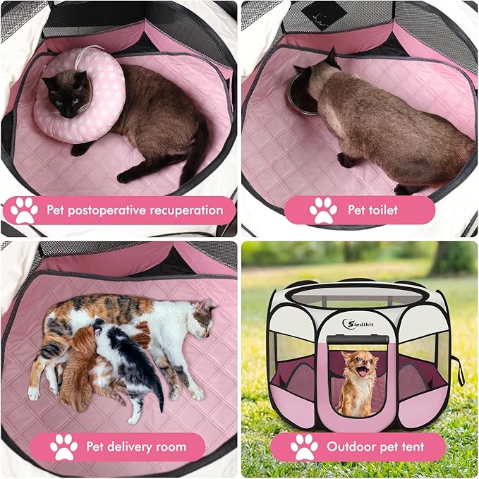 Dog Cat Playpen, Puppy Pet Playpen Indoor for Small Dog Crate Tent Cage Outdoor, Portable Pop Up Dogs Enclosure Kennel with Carrying Case for Dogs/Cats/Rabbits(Pink, Small with pad)