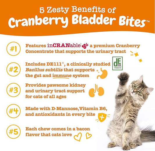 Zesty Paws Cranberry Urinary Tract Bites for Cats - Kidney & Urinary Tract Health - Soft Chews with D-Mannose, Vitamin B6 & L-Arginine - Immune & Gut Support - Bacon - 60 Count
