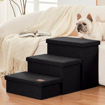 Love's cabin Dog Stairs with Storage,3 Steps Wider Dog Steps for High Bed 18" H,Foldable Pet Stairs for Small Medium Large Dogs Cats for Bed Couch Car,Ramp with Zip up to 200 lbs,Black,No Condo