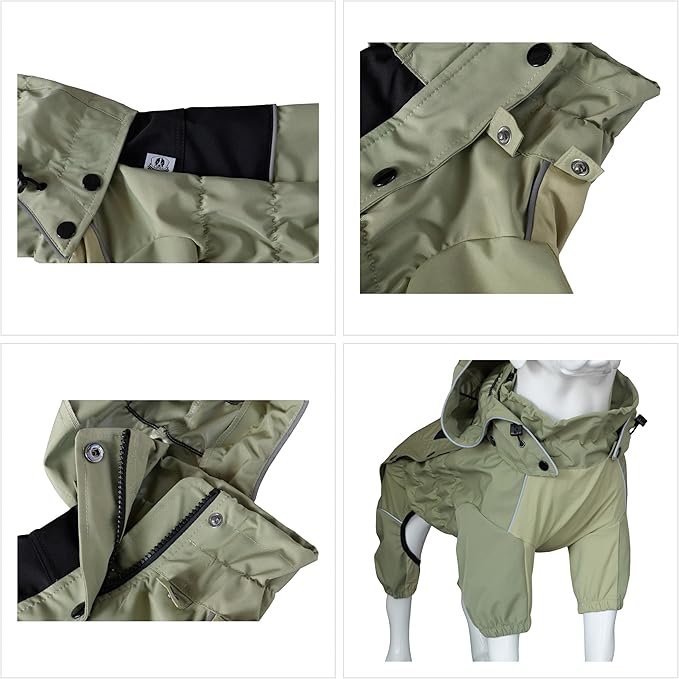 LOVELONGLONG Waterproof Dog Raincoat with Removable Hood – Outdoor Full Body Dog Jacket, Windproof Snowproof Shell Suit – All Season Pet Rain Gear Sage Green XL