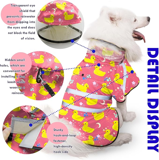 Dog Raincoat, Adjustable Rain Jacket with Hooded Double Layer for Large Medium Small Dogs Puppies, Lightweight Waterproof Rain Coat Poncho with Reflective Stripe Duck Pink,M