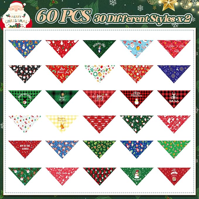 60 Pcs Christmas Dog Bandanas Bulk Xmas Cat Bibs Adjustable Dog Bibs Triangle Scarf Holiday Pet Costume for Small to Large Pet (Santa Pattern)