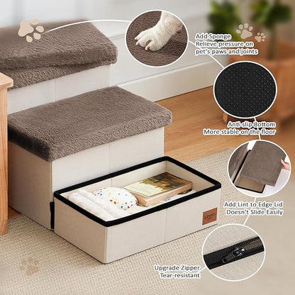 Love's cabin Dog Stairs for High Bed 18" H,3 Steps with Furry Lids Pet Stairs for Small Medium Large Dogs,Foldable Cat Ramp with Zip up to 200 lbs,Brown