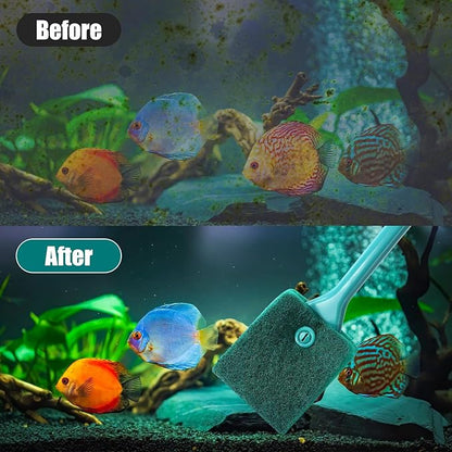 AQUANEAT 3pcs Fish Tank Cleaning Tools, Aquarium Double Sided Sponge Brush, Algae Scraper Cleaner with Long Handle