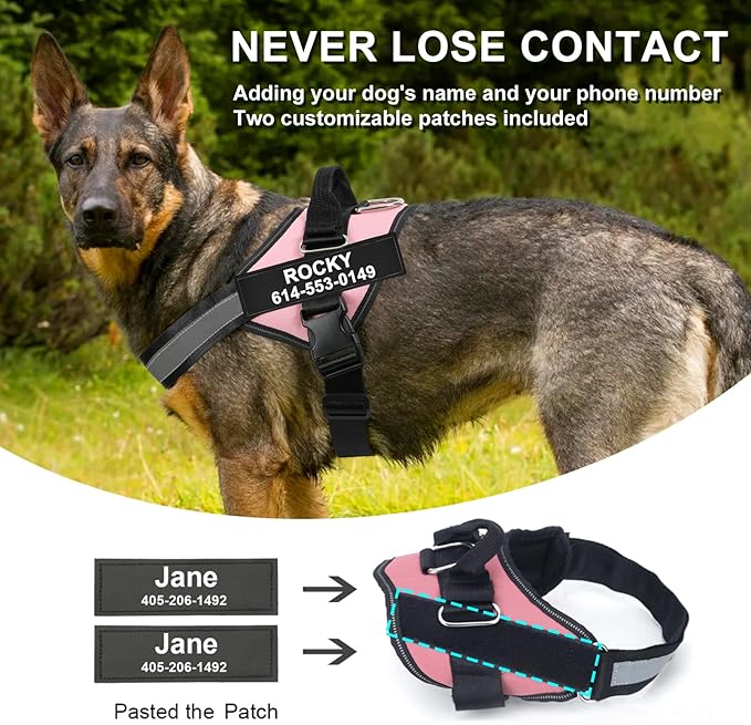 Custom No Pull Dog Harness with Name and Phone Number, Reflective Heavy Duty Personalized Pet Vest, Breathable Adjustable Harness (Black, XL)