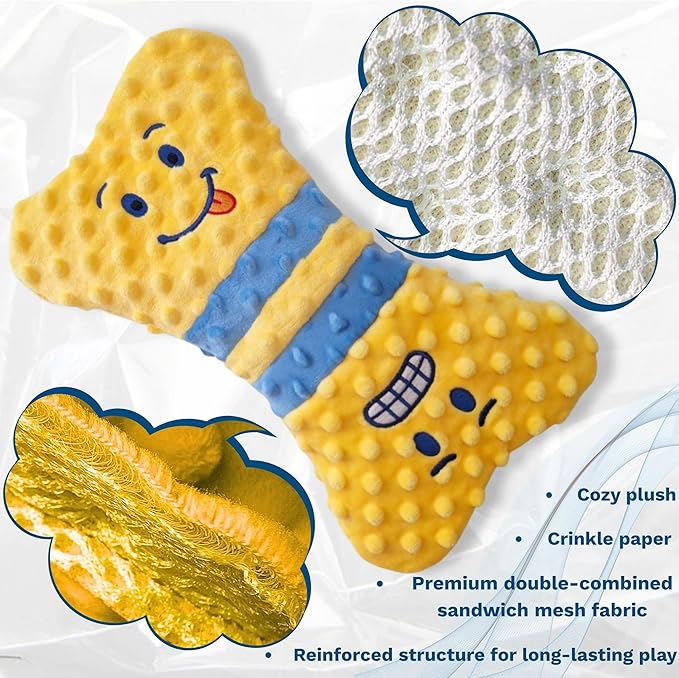 Crinkle Dog Toy – No Stuffing Dog Toy with a big Squeaker for Small,Medium & Large Breeds–Squeaky Toy - Ideal for Energetic Shaking,Fetch and Toothing–Durable Soft Pet-Safe Materials-Yellow Bone 12.2”