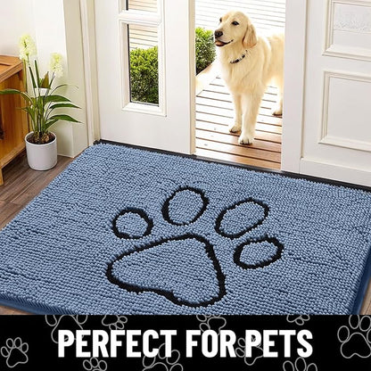 Smiry Dog Door Mat for Muddy Paws, Absorbent Dirt Trapper Non Slip Quick Dry Washable Chenille Mat for Mud Dogs, Entry Rug for Indoor and Outdoor (36x24 Inches, Airy Blue and Black)