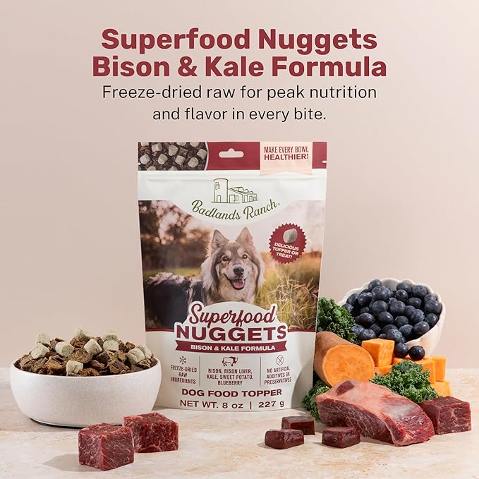 BADLANDS RANCH Superfood Nuggets – Freeze-Dried Raw Dog Treat & Food Topper, Nutrient-Dense Bison & Kale Formula, No Artificial Additives, 8oz Bags (4-Pack Bundle)