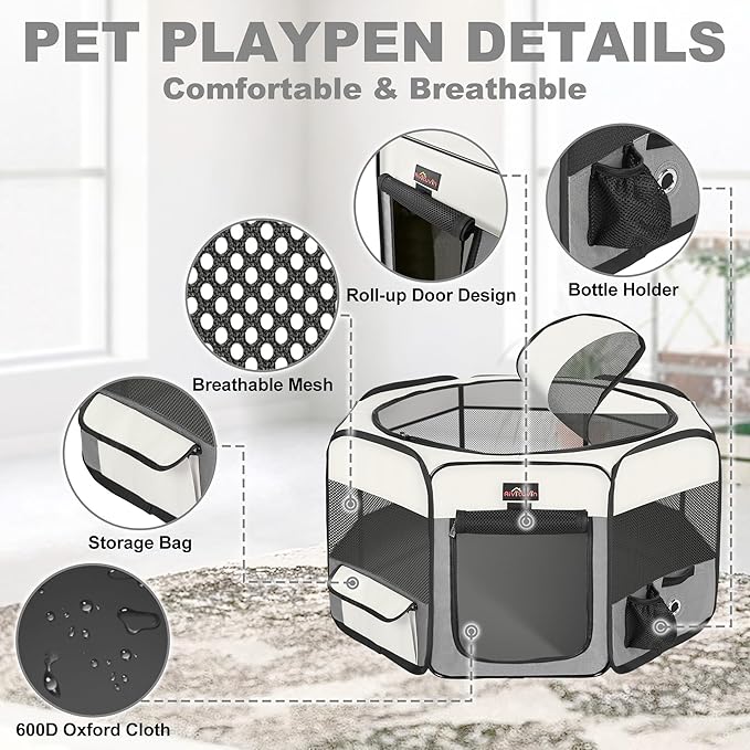 Aivituvin Dog Playpen Foldable Pet Play Pens with Carrying Bag for Cat, Puppies, Rabbits, Chickens, Durable Portable Pet Tent for Travel Camping Indoor/Outdoor Grey M