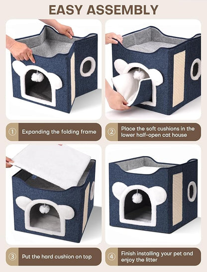 Cat Houses for Indoor Cats, Large Cat Cave with Fluffy Ball and Scratch Pad, Covered Cat Bed House, Foldable Cat Hideaway