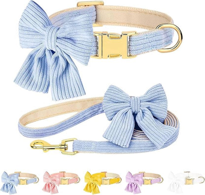 Dog Collar and Leash Set - Metal Buckle Adjustable Puppy Collar, Cute Dog Collar and Leash Set with Flower Bow Tie, Puppy Collar with 5 FT Leash, Soft & Comfortable Collar for Small Medium Dogs-M
