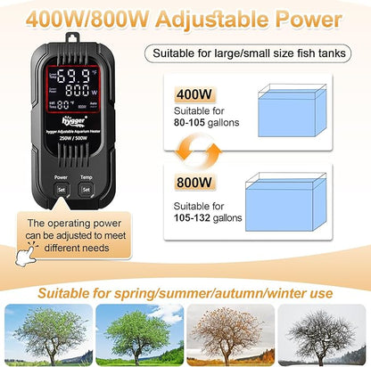 hygger Aquarium Heater, 400W/800W Adjustable Power Fish Tank Heater with Digital Display External Controller, Automatic Power-Off Protection Heater for 80-132 Gallons Freshwater and Saltwater Tank