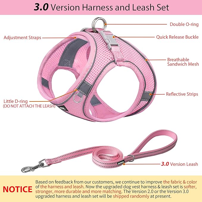 AIITLE Comfortable Dog Harness and Leash Set for Walking - Summer Step in Vest Harness,Reflective Bands, Adjustable No Pull Puppy Essentials, for Small Dogs and House Cats Pure Pink XS