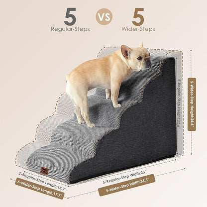 EHEYCIGA Curved Dog Stairs Ramp for High Beds, 5-Step Extra Wide Dog Steps for Small Dogs and Cats, Pet Stairs for High Bed Climbing, Non-Slip Balanced Pet Step Indoor, Grey