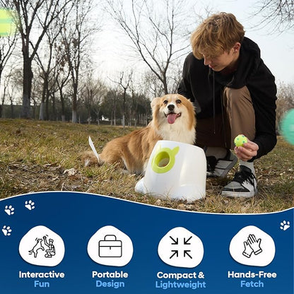 Automatic Small Dog Ball Launcher - Remote Control Interactive Fetch Machine Thrower for Small and Medium Sized Dogs with 6 High-Bounce Washable Latex Balls, Training Clicker, and Whistle – White