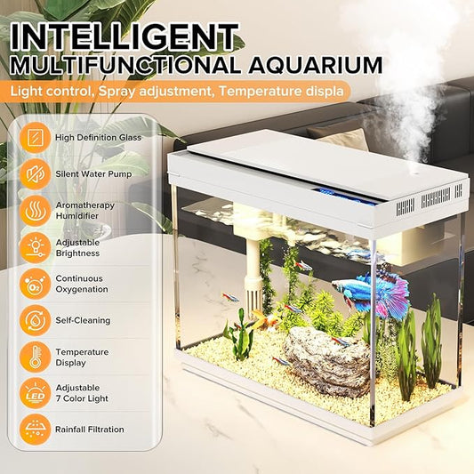 Vehipa Fish Tank 2.4 Gallon Aquarium Kit with Humidifier 7-Color Auto-Looping 3 in 1 Quiet Pump with Filteration & Oxygenation & Circulation, Temperature Display, HD Glass