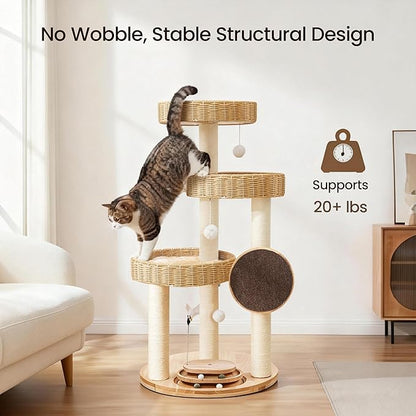 Solid Wood Cat Tree for Large Cats, 48-Inch Modern Cat Tower with Hand-Woven Baskets, Multi-Level Cat Condo with Sisal Scratching Posts, Sturdy Indoor Cat Furniture for Big Cats up to 20lbs