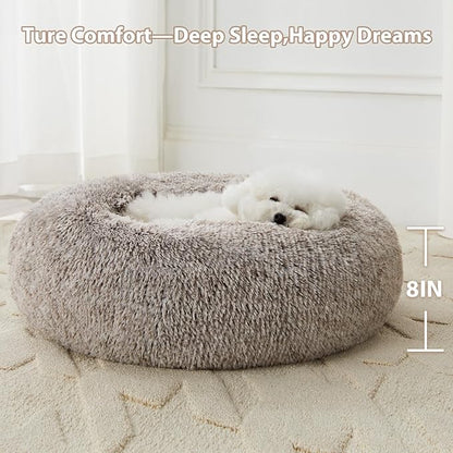 WNPETHOME Calming Dog Bed & Cat Bed, Anti-Anxiety Donut Small Dog Bed, Fluffy Faux Fur Cats Cushion Puppy Bed for Small Pets and Cats (24 x 24 inch, Light Coffee)