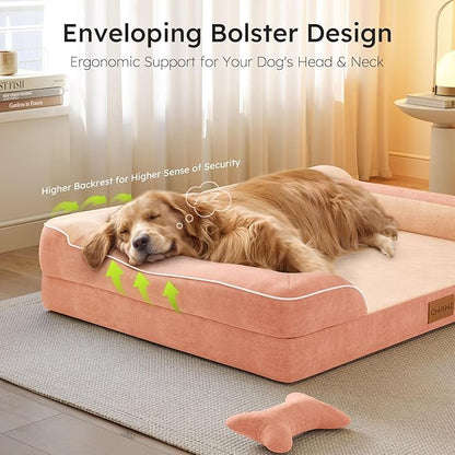 XXL Dog Bed for Extra Large Dogs, Giant Orthopedic Dog Bed with Cooling Gel Memory Foam, Waterproof Pet Bed with Removable Washable Cover, 53" Pet Sofa bed Dutch Velvet with Bone Toy, Peach Pink