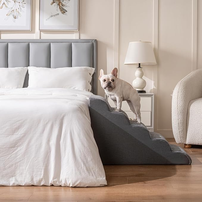 Pet Stairs for High Beds Small & Large Dogs & Cats – High-Density Foam Steps with Removable, Machine-Washable Cover – Lightweight, Portable Dog and Cat Staircase for Beds, Couches, and Sofas, 5 Tier