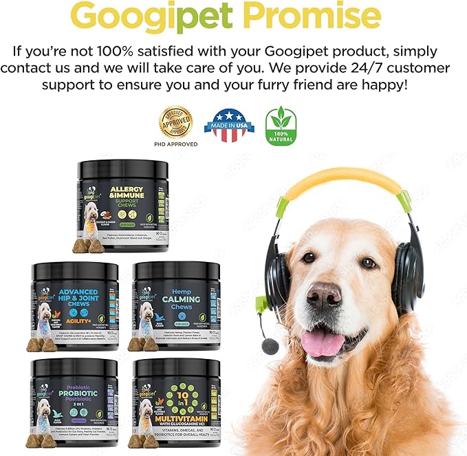 Googipet Dog Allergy Chews, Seasonal Dog Allergy Relief & Itchy Skin Relief, Skin & Coat Supplement +Bee Pollen, Colostrum, Coconut Oil, Probiotics, & Omega 3 Fish Oil for Dogs