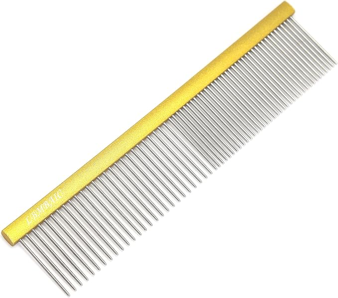 Professional Dog Grooming Comb for Shedding, Tangles, Knots, and Mats - Metal Gold Dog Comb with Long and Wide Tooth for Long Hair Dogs and Cats - No Hurt Pets Skin - 7.5INCHES - 1PC